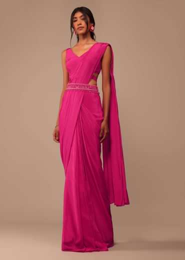 Hot Pink Indo-western Saree Set With Embroidered Belt