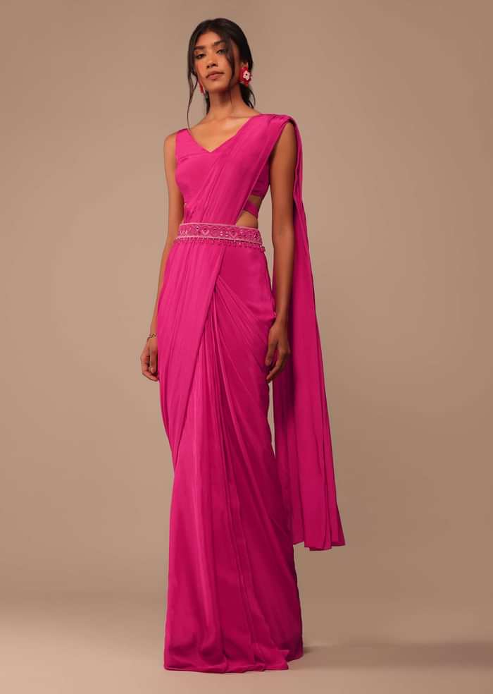 Hot Pink Readymade Saree With Embroidered Belt