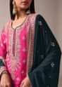 Pink Color Block Pant Suit Set In Chinon