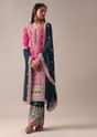 Pink Color Block Pant Suit Set In Chinon