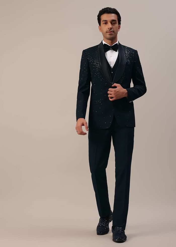 Bottle Green Cut Dana Studded Tuxedo Set In Polyester