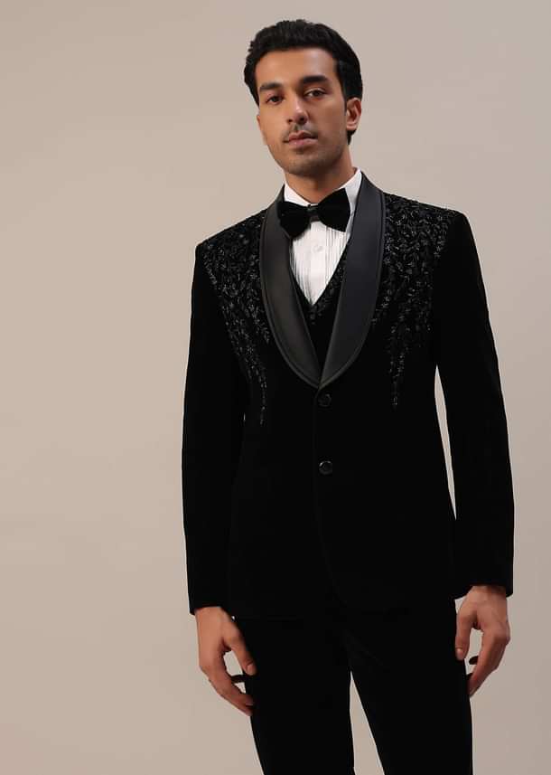 Black Micro Velvet Tuxedo Set With Cut Work Detailing Black Micro Velvet Tuxedo Set With Cut Work Detailing