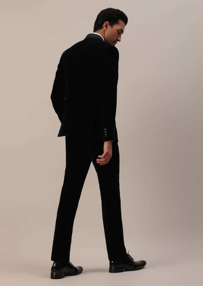 Black Micro Velvet Tuxedo Set With Cut Work Detailing