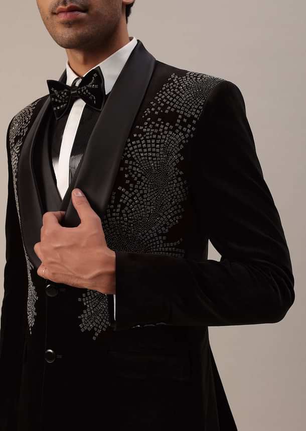 Black Crystal Handwork Tuxedo Set In Velvet Black Crystal Handwork Tuxedo Set In Velvet