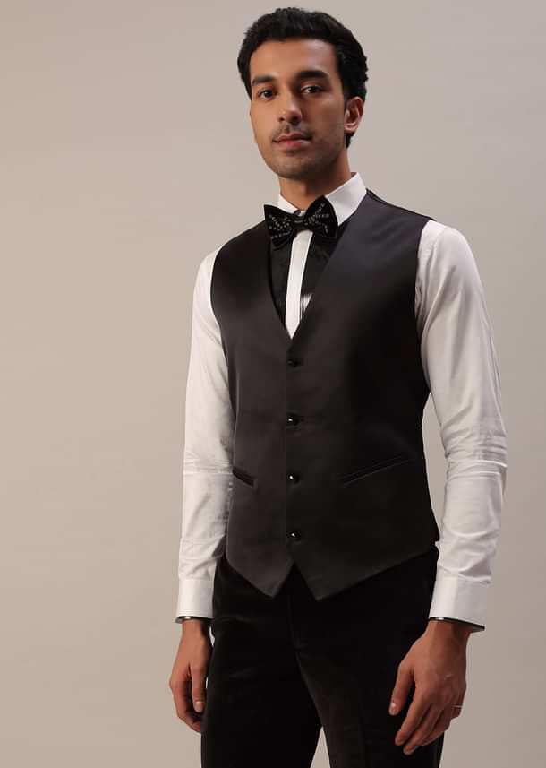 Black Crystal Handwork Tuxedo Set In Velvet Black Crystal Handwork Tuxedo Set In Velvet