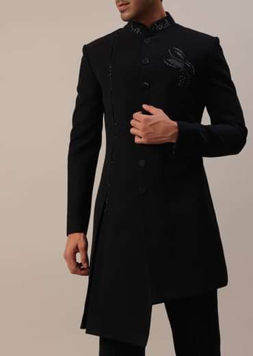 Black Indowestern In Suiting Fabric With Cut Dana Embroidery