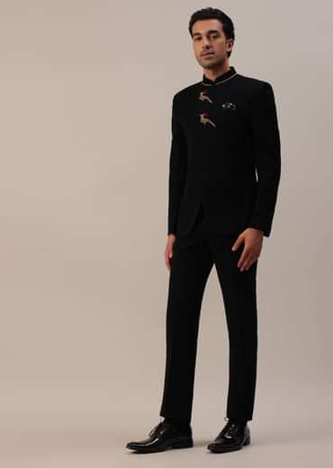 Black Indowestern In Suiting Fabric With Detailed Threadwork