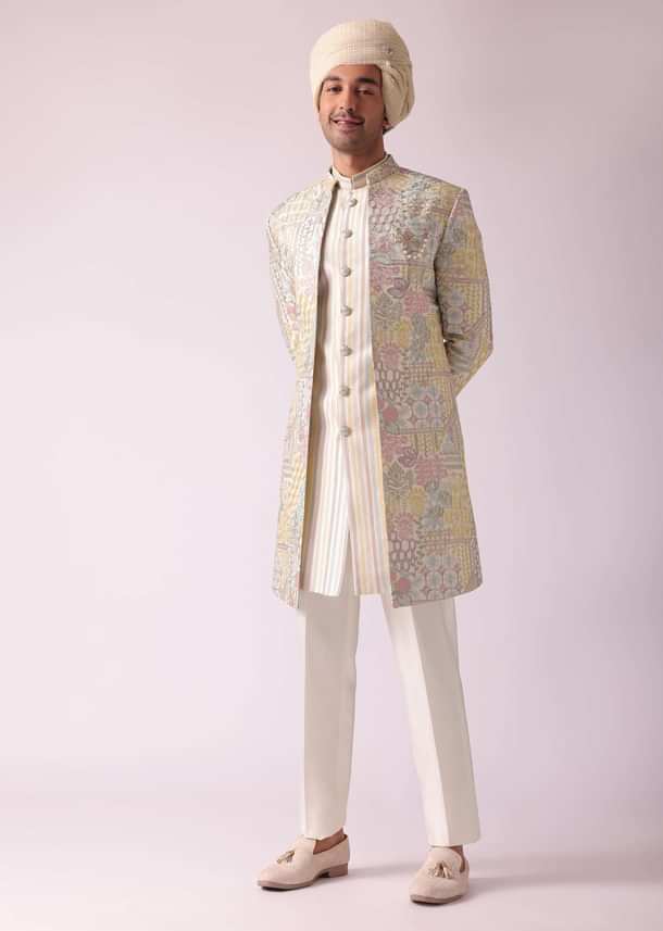 Cream White Printed Indowestern In Dupion Silk Cream White Printed Indowestern In Dupion Silk