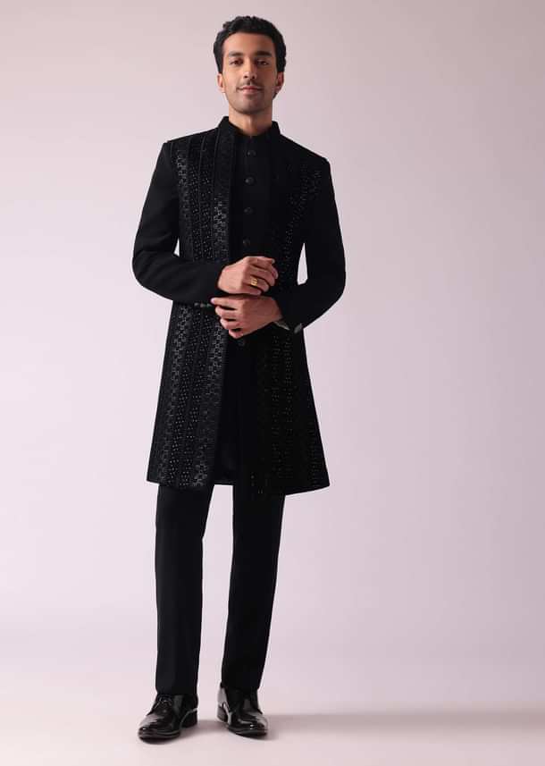 Black Embellished Indowestern In Suiting Fabric Black Embellished Indowestern In Suiting Fabric