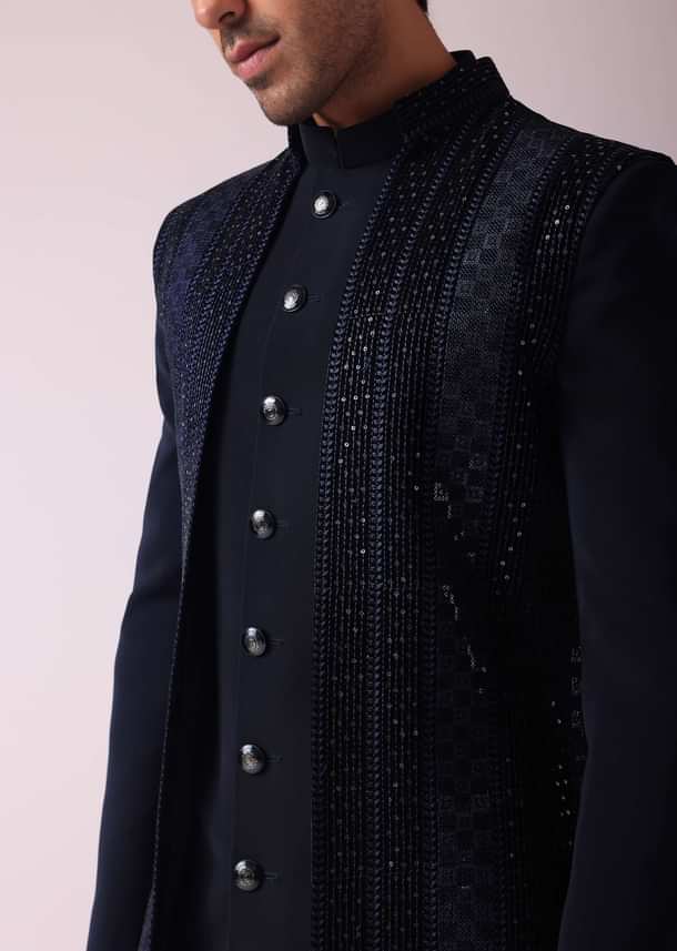 Navy Blue Geometric Patterned Achkan Style Indo Western Set Navy Blue Geometric Patterned Achkan Style Indo Western Set