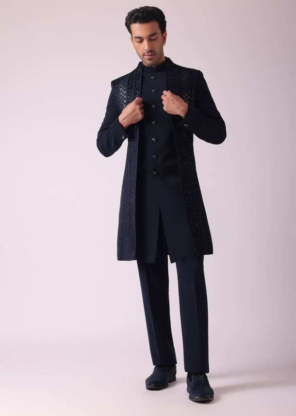 Navy Blue Geometric Patterned Achkan Style Indo Western Set Navy Blue Geometric Patterned Achkan Style Indo Western Set