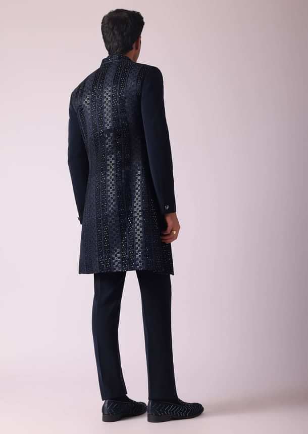 Navy Blue Geometric Patterned Achkan Style Indo Western Set Navy Blue Geometric Patterned Achkan Style Indo Western Set