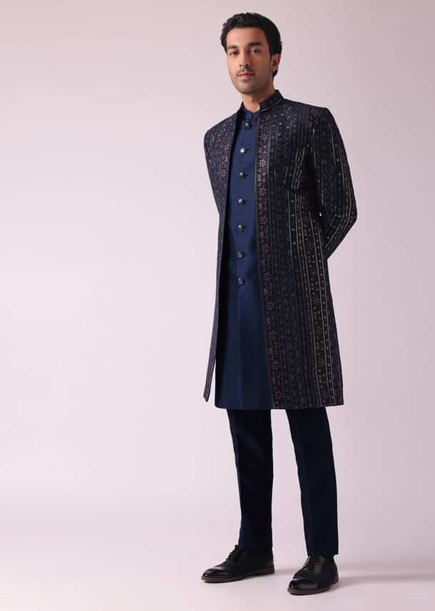 Navy Blue Indowestern Set In Dupion Navy Blue Indowestern Set In Dupion