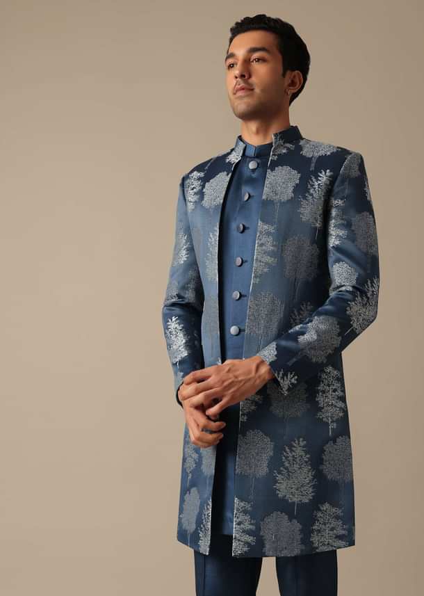 Blue Jacquard Foil Print Indowestern Achkan And Jacket Set
