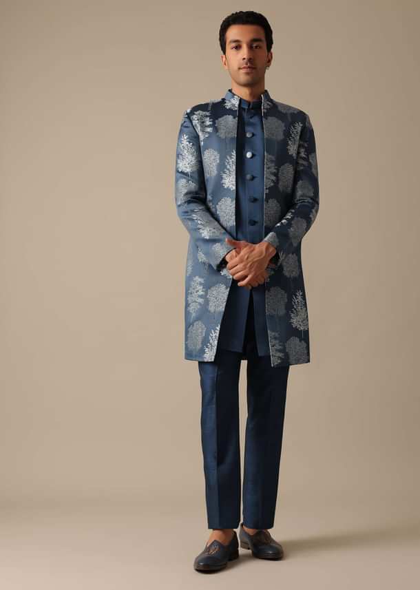 Blue Jacquard Foil Print Indowestern Achkan And Jacket Set