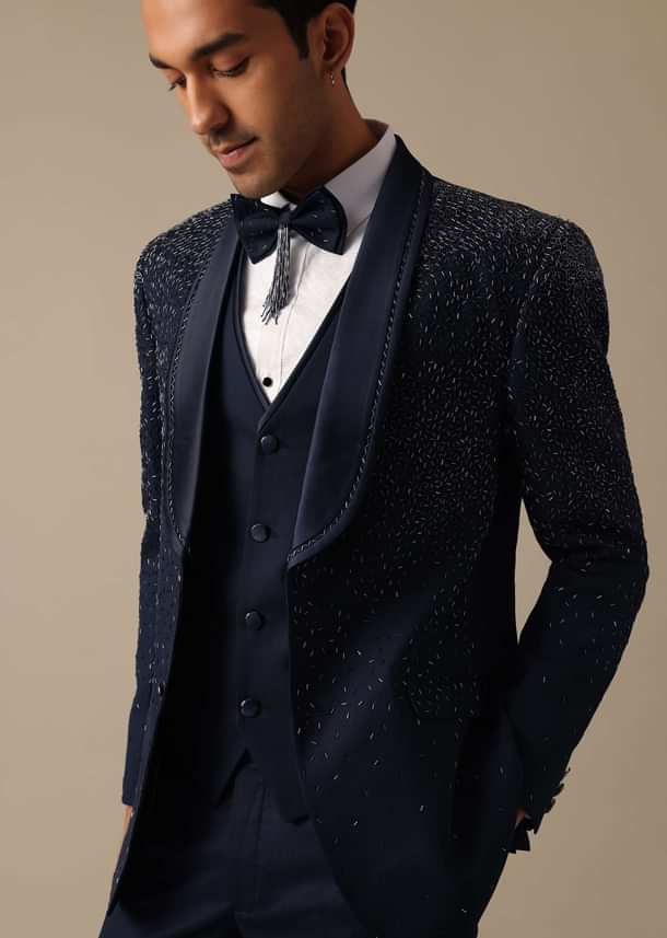Blue Blazer And Pant Set In Terry Rayon With Cutwork Detail Tuxedo