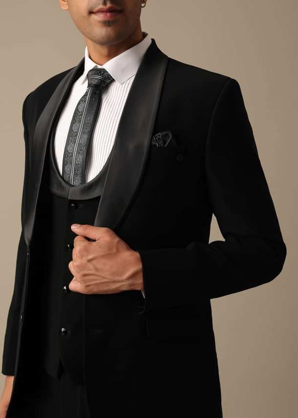 Black Blazer And Pant Set Tuxedo With Cutwork Detail