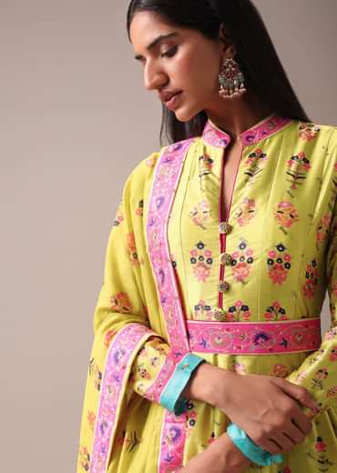 Green Floral Printed Anarkali Suit Set In Tussar Silk