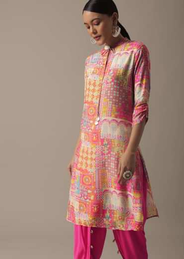 Pink Printed Kurta Set In Tussar Silk