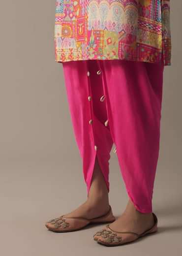 Pink Printed Kurta Set In Tussar Silk