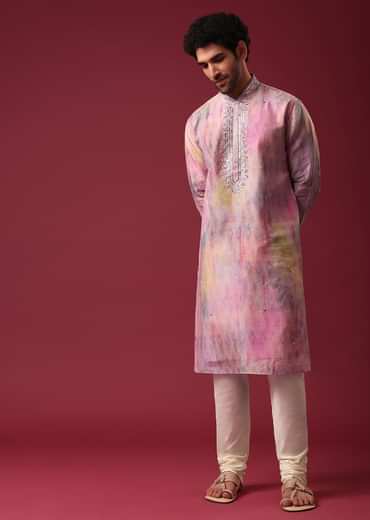 Multi Color Kurta Set In Silk with Mirror Work