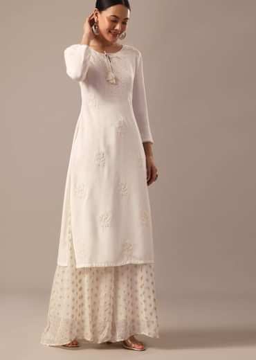 White Lucknowi Kurta With Thread Knot Detail