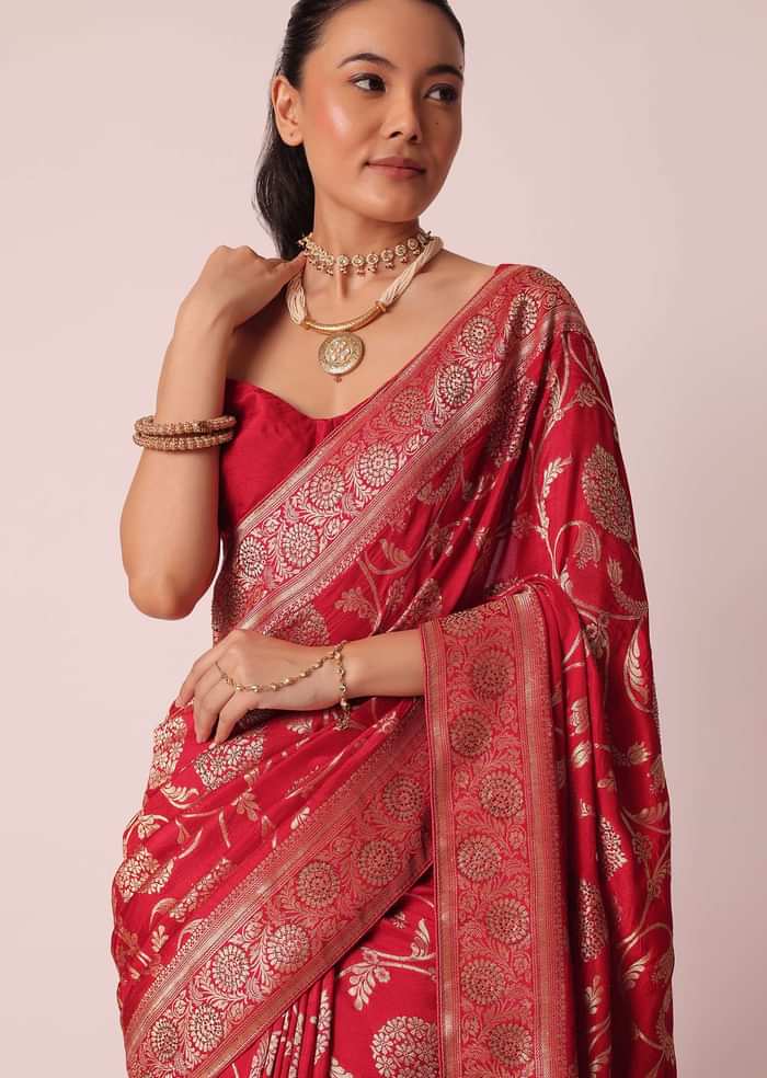 Red Saree in Dola Silk With Floral Weave And Unstitched Blouse Piece