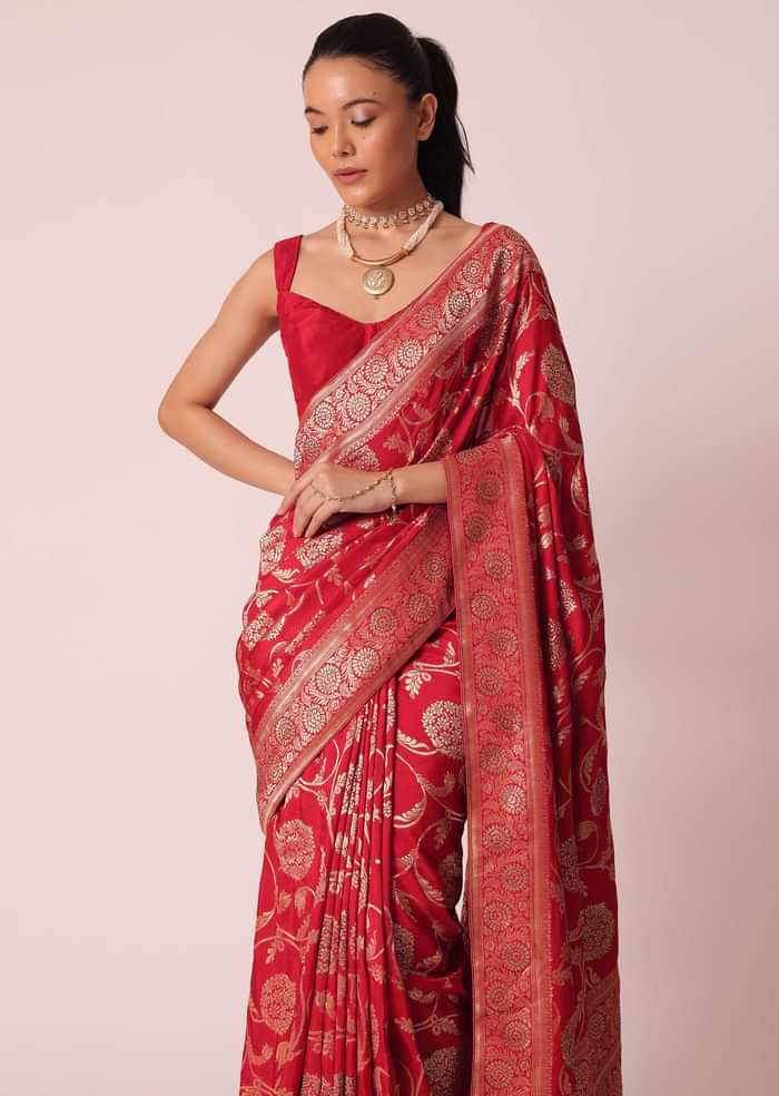 Red Saree in Dola Silk With Floral Weave And Unstitched Blouse Piece