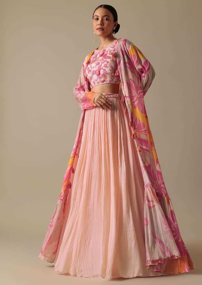 Pink Silk Lehenga Set With Floral Jacket