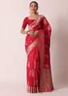Red Banarasi Silk Saree With Woven Floral Motifs And Unstitched Blouse Piece
