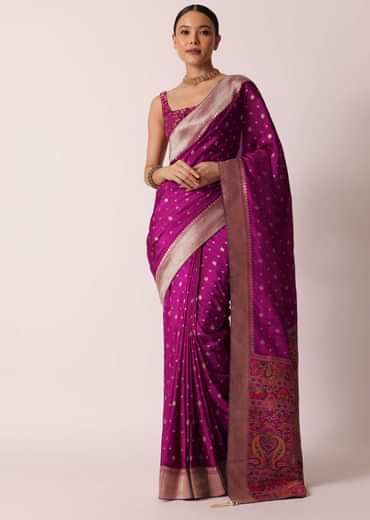 Purple Banarasi Silk Handloom Saree With Woven Motifs And Unstitched Blouse Piece