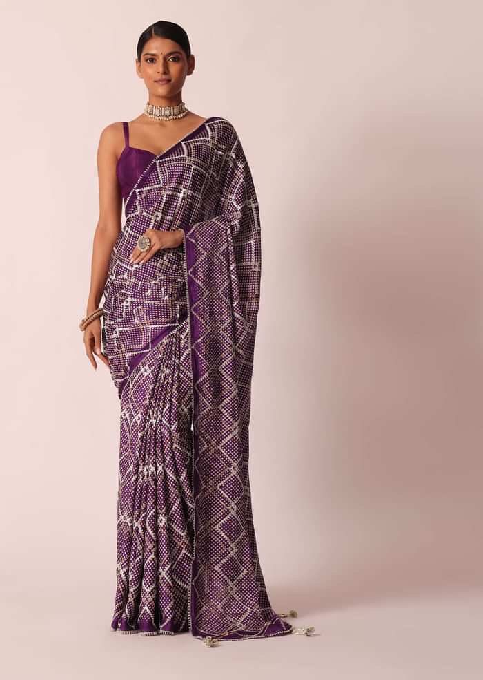 Purple Silk Bandhani Print Saree With Gota Embroidery And Unstitched Blouse Piece
