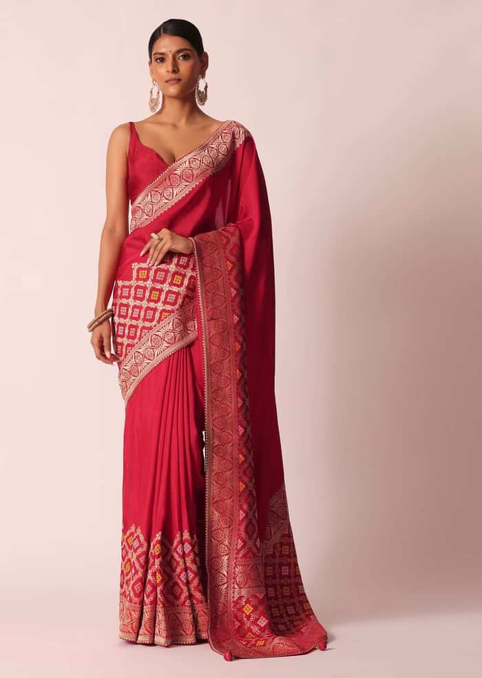 Red Silk Woven Saree With Bandhani Detail And Unstitched Blouse Piece