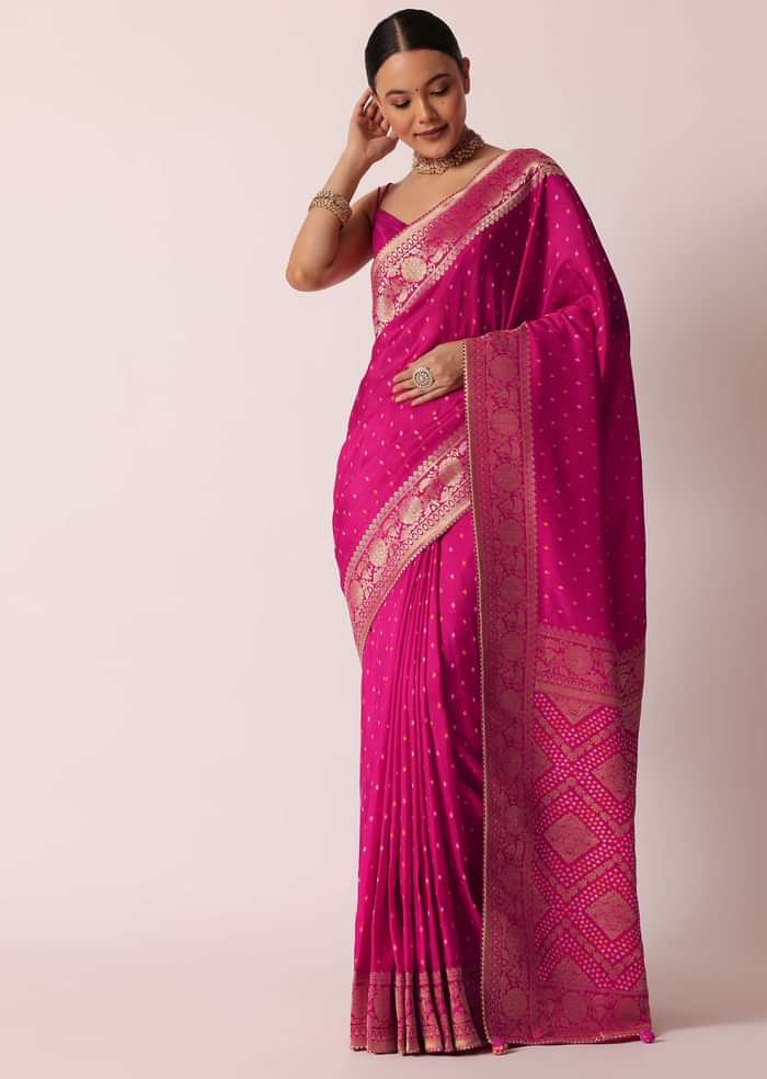 Rani Pink Banarasi Saree With Bandhani Buttis And Unstitched Blouse Piece