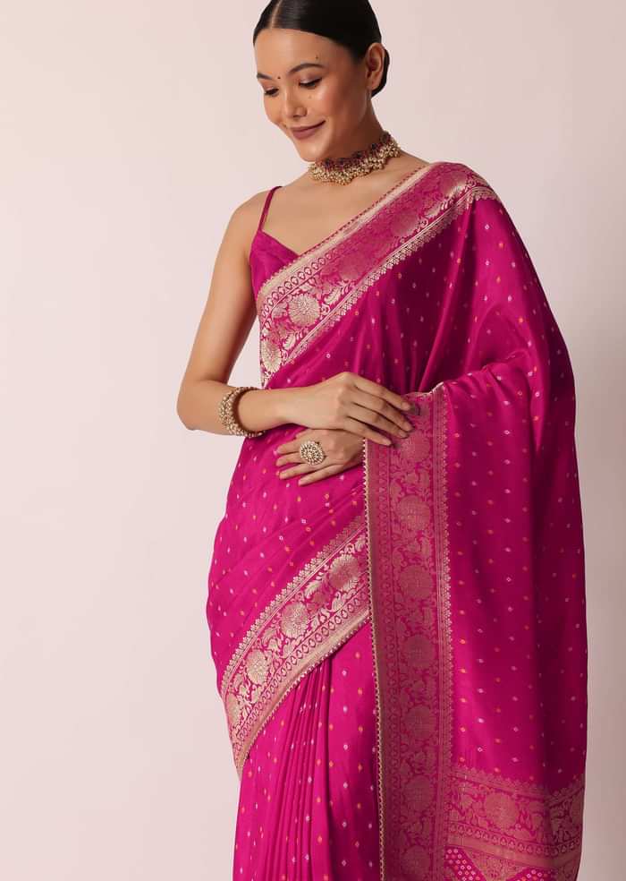 Rani Pink Banarasi Saree With Bandhani Buttis And Unstitched Blouse Piece