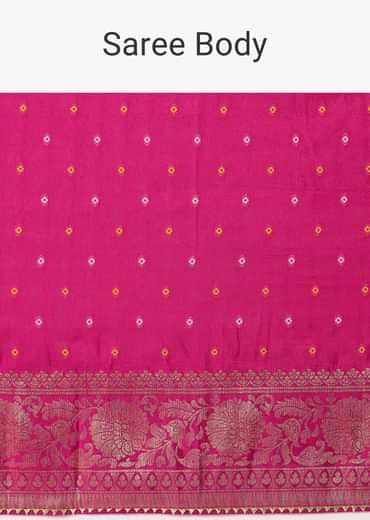 Rani Pink Banarasi Saree With Bandhani Buttis And Unstitched Blouse Piece