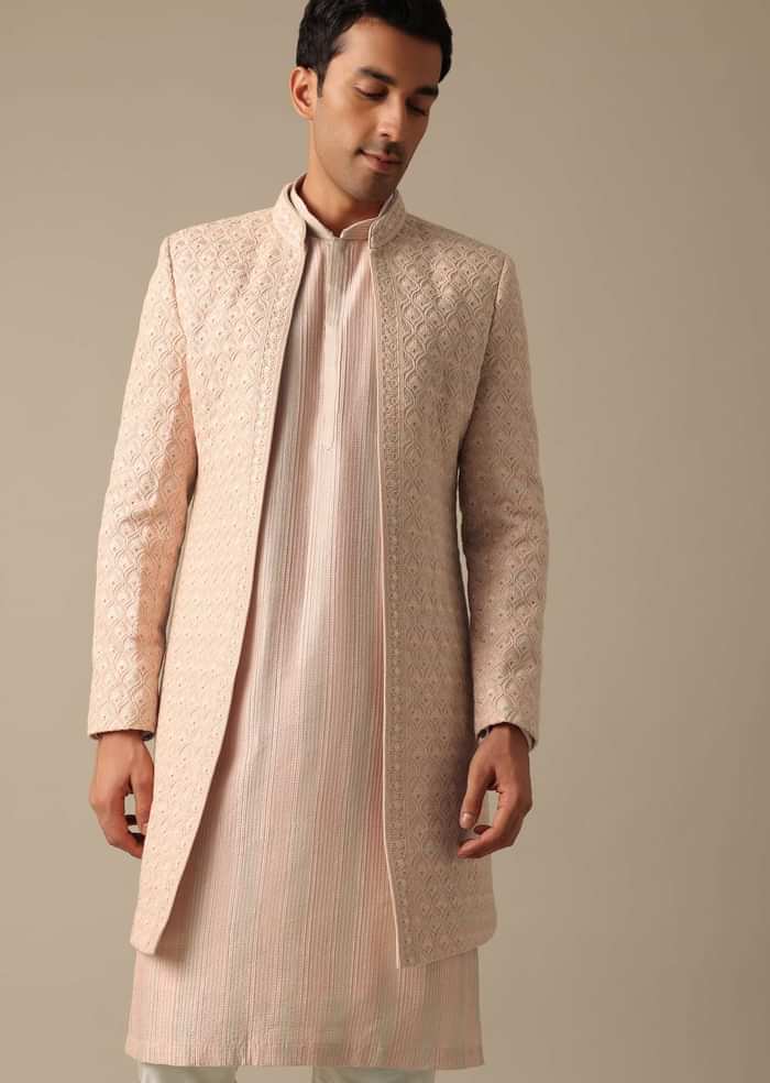 Pink Dupion Silk Embroidered Sherwani Set