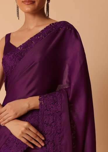 Wine Organza Saree With Lace Border And Unstitched Blouse Piece