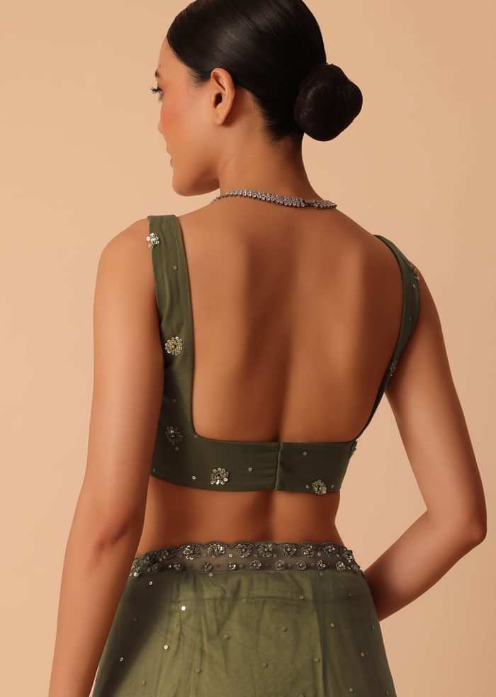 Green Net Saree With Sequin Work And Unstitched Blouse Piece