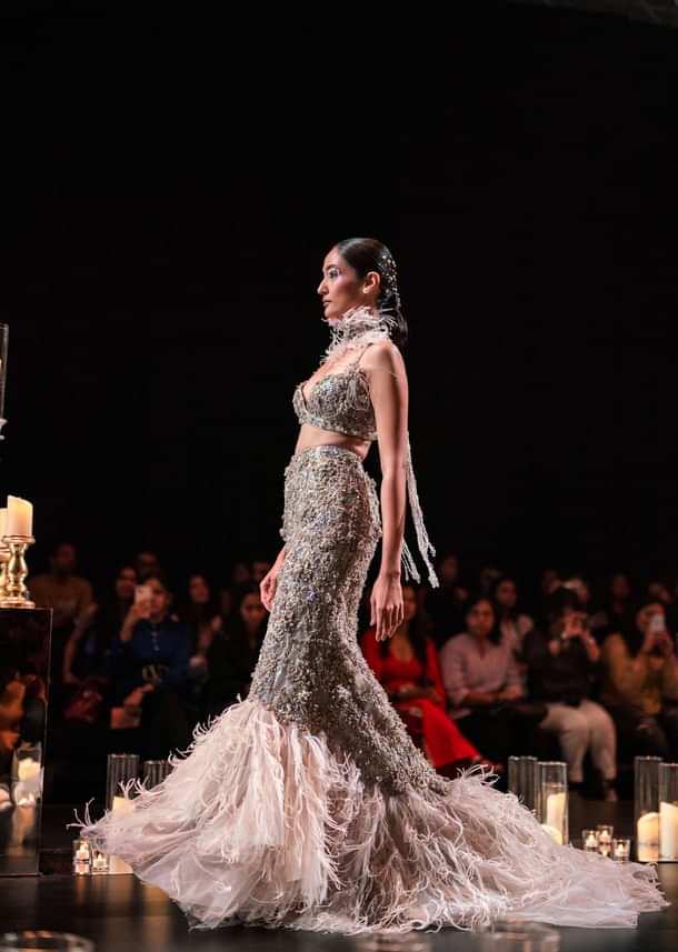 Tara Sutaria in Beige Lehenga With 3D Feathers And Choker Dupatta