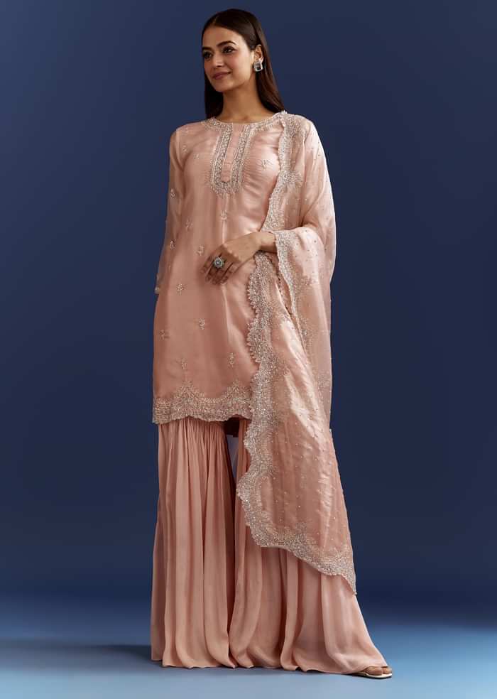 Peach Tissue Cutdana Kurta With Stone Work Dupatta In Tissue