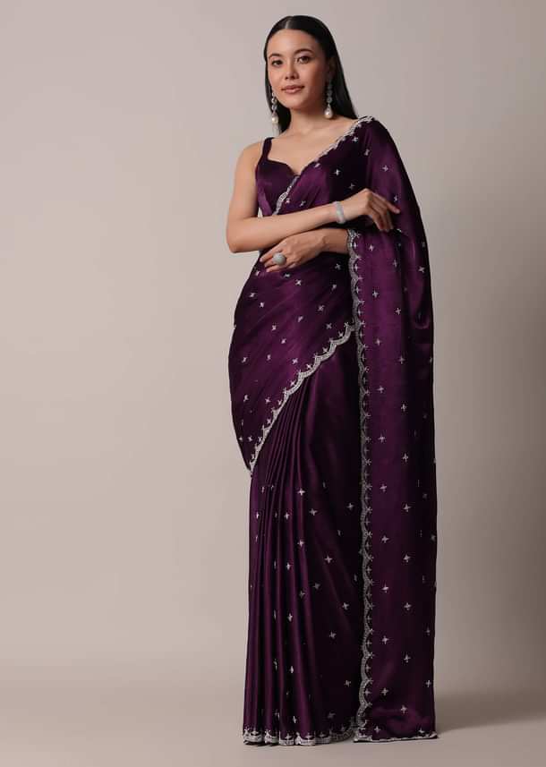 Purple Satin Chinon Saree With Stone Work And Unstitched Blouse Piece Purple Satin Chinon Saree With Stone Work And Unstitched Blouse Piece