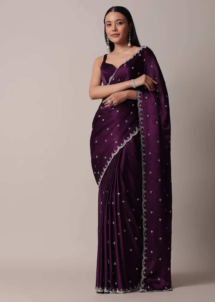 Purple Satin Chinon Saree With Stone Work And Unstitched Blouse Piece
