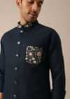 Navy Blue Embroidered Jacket Kurta Set In Linen