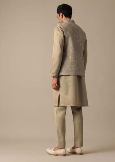 Green Silk Jacket And Kurta Set