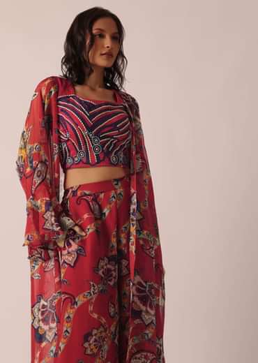 Red Cotton Jacket And Palazzo Set With Printed Detail
