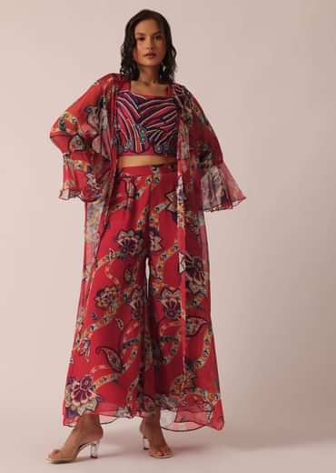 Red Cotton Jacket And Palazzo Set With Printed Detail