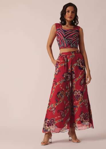 Red Cotton Jacket And Palazzo Set With Printed Detail