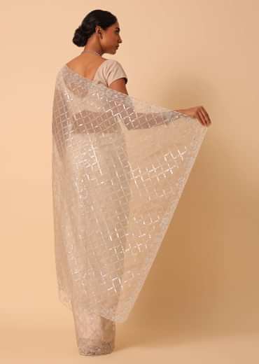 Mouse Grey Sequin Saree In Organza With Cutdana Work And Unstitched Blouse Piece