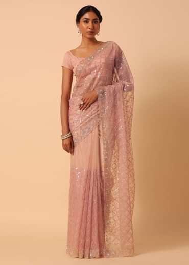 Peach Organza Saree With Cutdana Work And Unstitched Blouse Piece